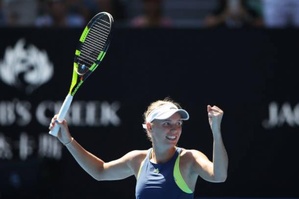 Wozniacki celebrates reaching her first ever Australian Open final after beating Elise Mertens (Getty/Mark Kolbe)