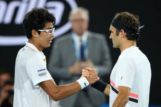 Chung and Federer meet following their match (Getty/Mark Kolbe)