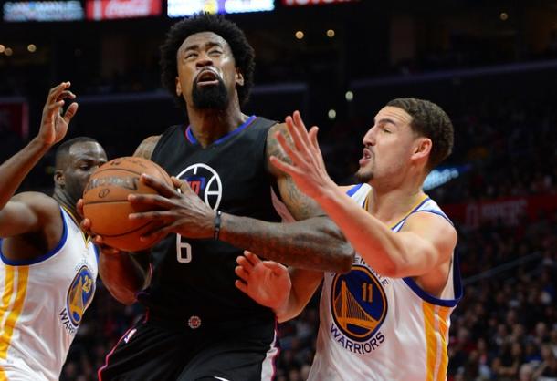 Golden State Warriors guard Klay Thompson (11) guards Los Angeles Clippers center DeAndre Jordan (6). | Jayne Kamin-Oncea-USA TODAY Sports 