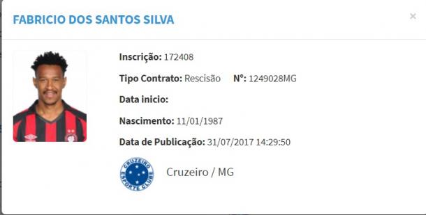 O lateral já aparece com o uniforme do furacão na rescisão de contrato publicada no BID. (Foto: Reprodução/BID CBF)