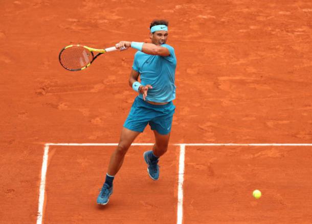 Rafael Nadal in action earlier today, as he started his quest for an 11th title in Paris (Getty/Matthew Stockman)