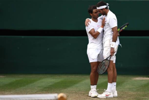 Nadal and del Potro embrace following their classic encounter (Getty/Clive Mason)