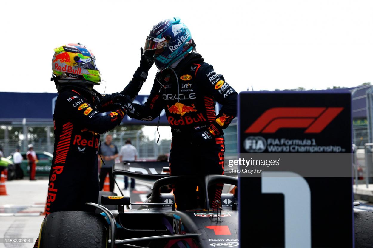 Perez and Verstappen congratulating one another after the Miami Grand Prix - (Photo by Chris Graythen/Getty Images)
