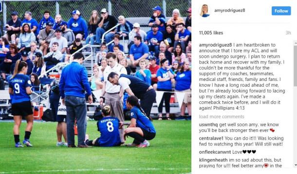 Amy Rodriguez posted on Instagram about her injury | Source: Amy Rodriguez Instagram - amyrodriguez8