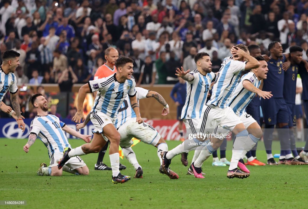 Lionel Messi, Paulo Dybala, Nicolas Otamendi, Lautaro Martinez of Argentina celebrate the victory after the penalty shootout of the FIFA <strong><a  data-cke-saved-href='https://www.vavel.com/en/international-football/2022/12/17/1132324-croatia-2-1-morocco-orsics-wonderstrike-secures-bronze-for-croatia-in-doha.html' href='https://www.vavel.com/en/international-football/2022/12/17/1132324-croatia-2-1-morocco-orsics-wonderstrike-secures-bronze-for-croatia-in-doha.html'>World Cup</a></strong> Qatar 2022 Final match between Argentina and France at Lusail Stadium on December 18, 2022 in Lusail City, Qatar. (Photo by Jean Catuffe/Getty Images)