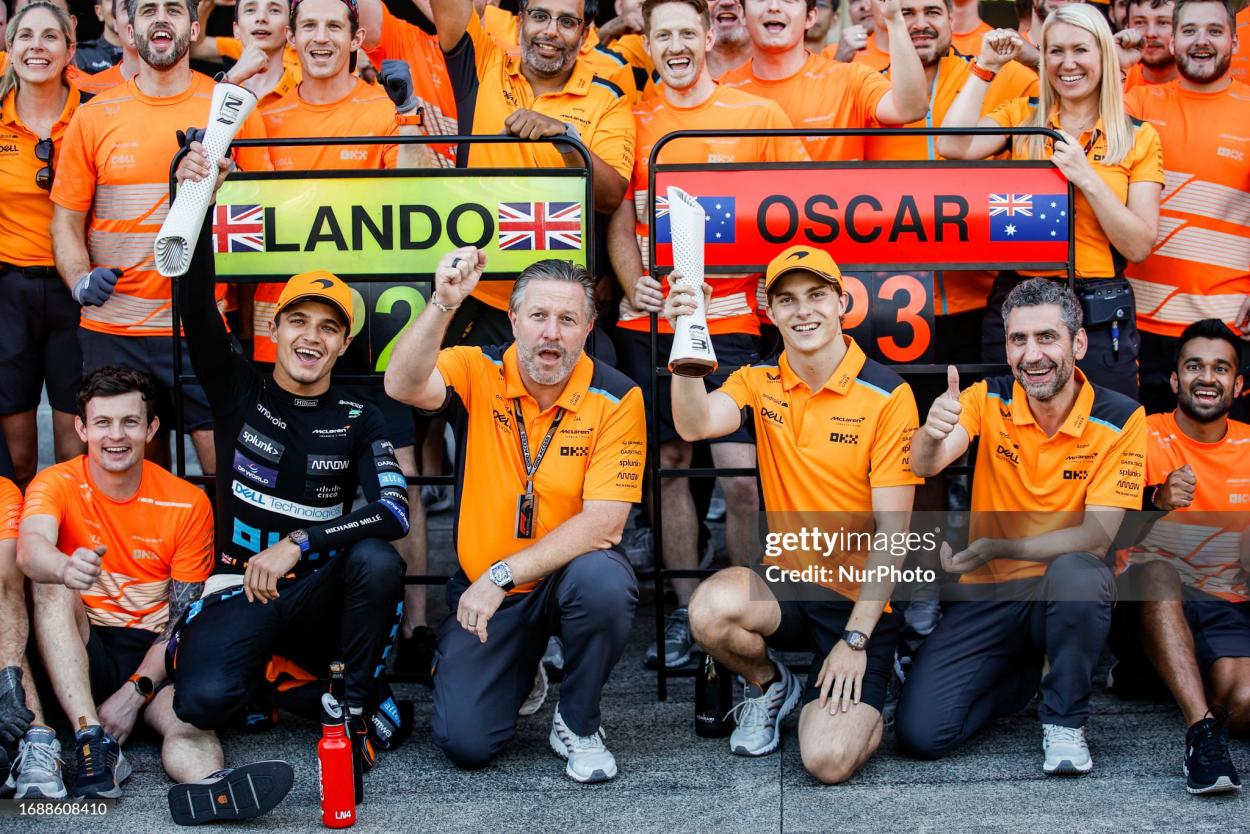 Lando Norris, Zak Brown, CEO of Mclaren Formula 1 Team, Oscar Piastri and Andrea Stella, Team Principal, Mclaren Formula 1 Team, portrait celebrates the podium during the Formula 1 Lenovo Grand Prix of Japan from 21st to 24th of September, 2023 on the Suzuka Circuit, in Suzuka, Japan. (Photo by Gongora/NurPhoto via Getty Images)