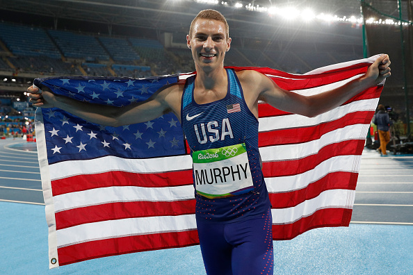 Clayton Murphy celebrates after winning bronze in the Men's 800-meters (AFP/Adrian Dennis)