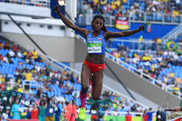 Title favorite Caterina Ibarguen in action during qualification for the Women's Triple Jump final (AFP/Franck Fife)