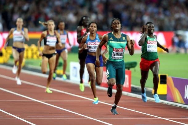 Semenya storms down the final straight to take her second world title (Getty/Alexander Hassenstein)