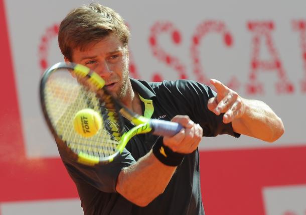 Ryan Harrison playing his singles match today. (Photo by Millennium Estoril Open)