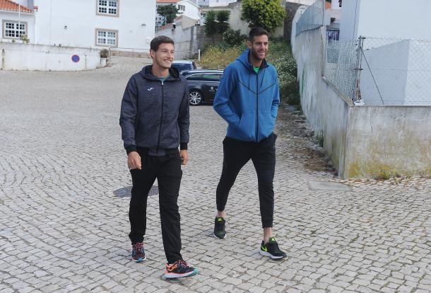 Pablo Carreno Busta and Juan Martin del Potro in a promotion activitie of the tournament. (Photo by Millennium Estoril Open)