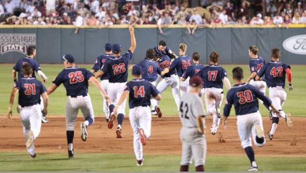 The Wildcats celebrate after defeating Mississippi State. (Arizona Athletics)