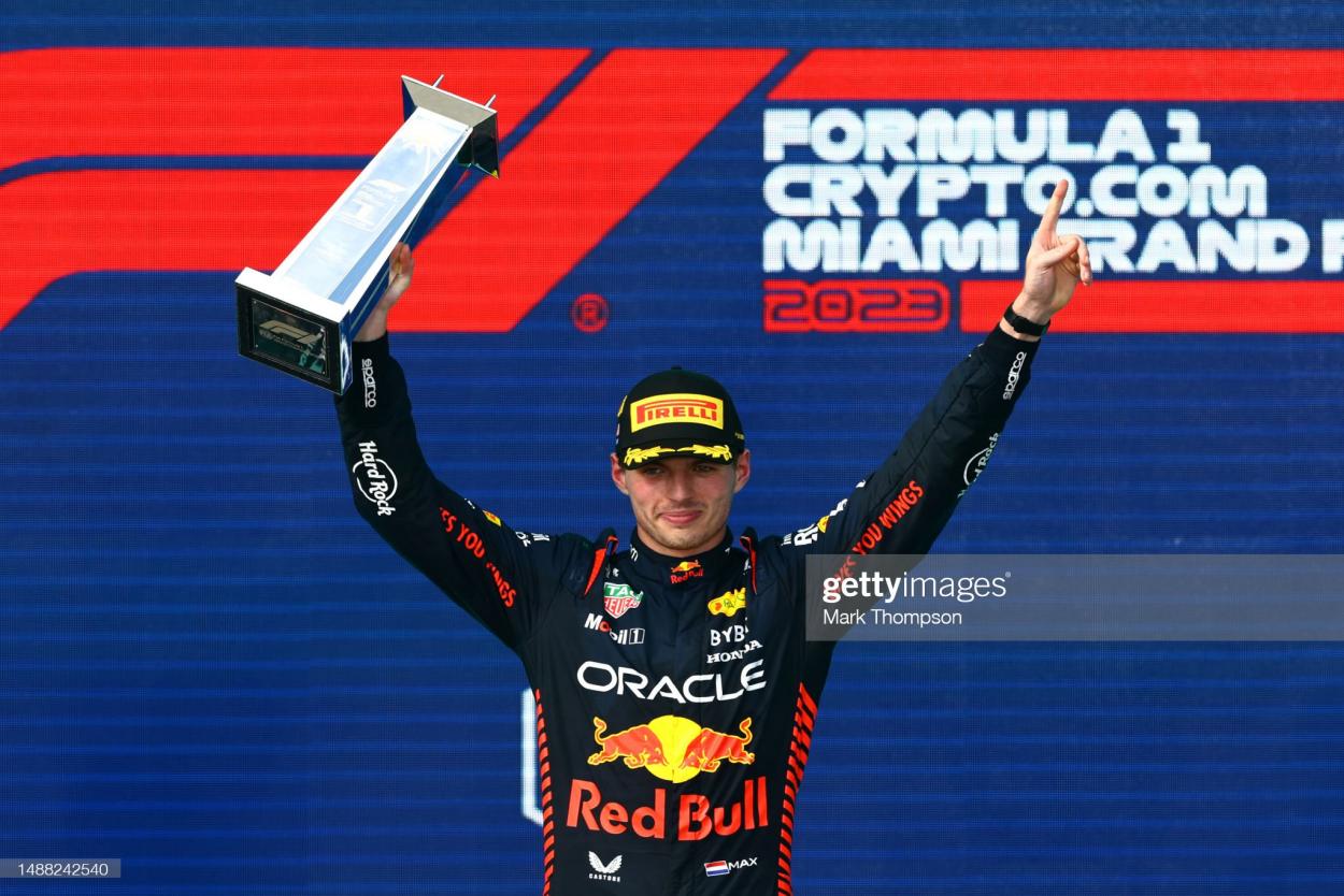 Verstappen lifting the trophy after winning in Miami - (Photo by Mark Thompson/Getty Images)