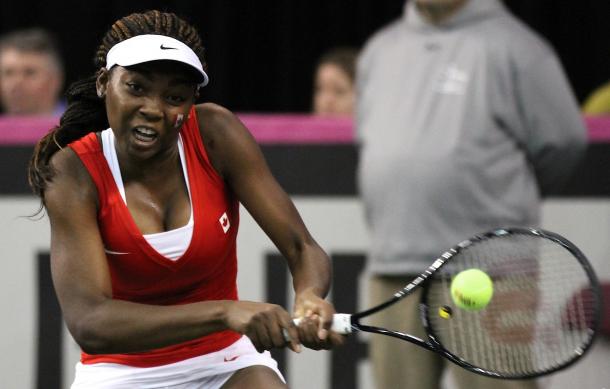 Francoise Abanda during Canada's recent tie against Belarus. Photo: Fed Cup