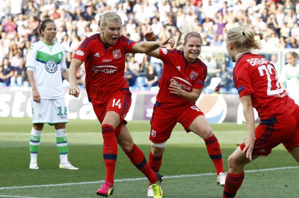 Ada Hegerberg celebrates with her Lyon teammates after scoring the opening goal in last season's Champions League final. Source: Stefano Rellandina / Reuters