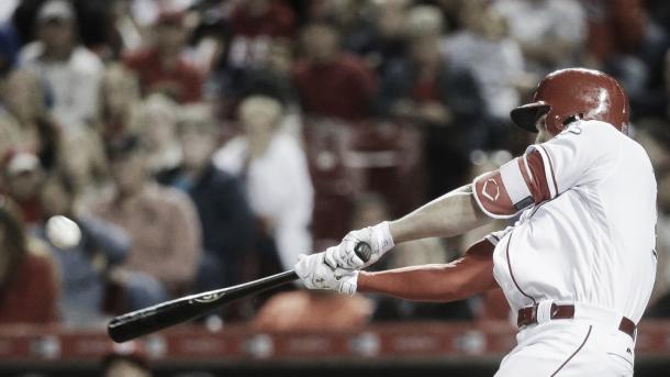 Adam Duvall hits a three run homer in the sixth inning of Saturdays game against the Chicago Cubs