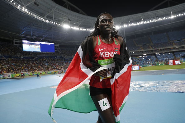 Margaret Wambui celebrates after winning bronze in the Women's 800-meters (AFP/Adrian Dennis)