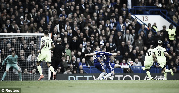 Above; Sergio Aguero strikes home his first of two goals in Chelsea's 2-0 defeat to Manchester City | Reuters 