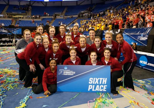 Alabama Gymnastics finished in 6th place or higher for the tenth straight year. Photo Credit: Alabama Crimson Tide Gymnastics Twitter.