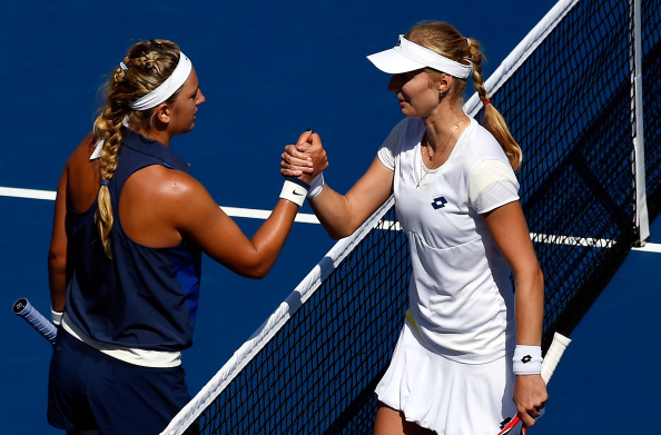 Victoria Azarenka and Ekaterina Makarova meet after their 2014 US Open clash (Getty/Alex Goodlett)