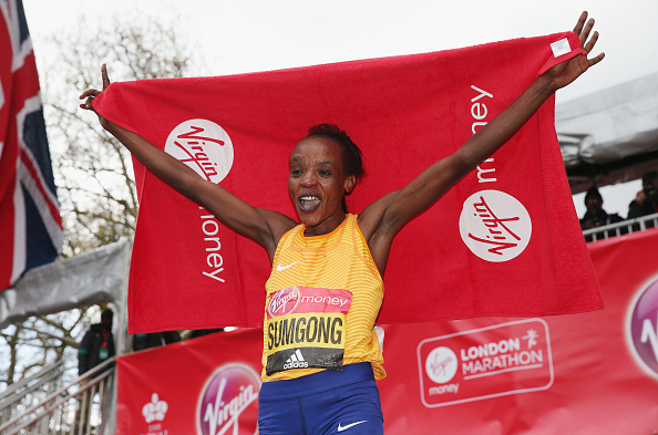 Sumgong celebrates after the race (Getty/Alex Morton)