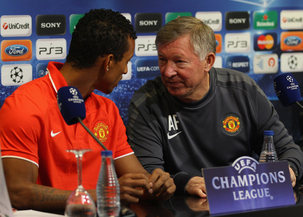 Nani and Ferguson talking during a UCL press conference (Alex Livesey/Getty Images)