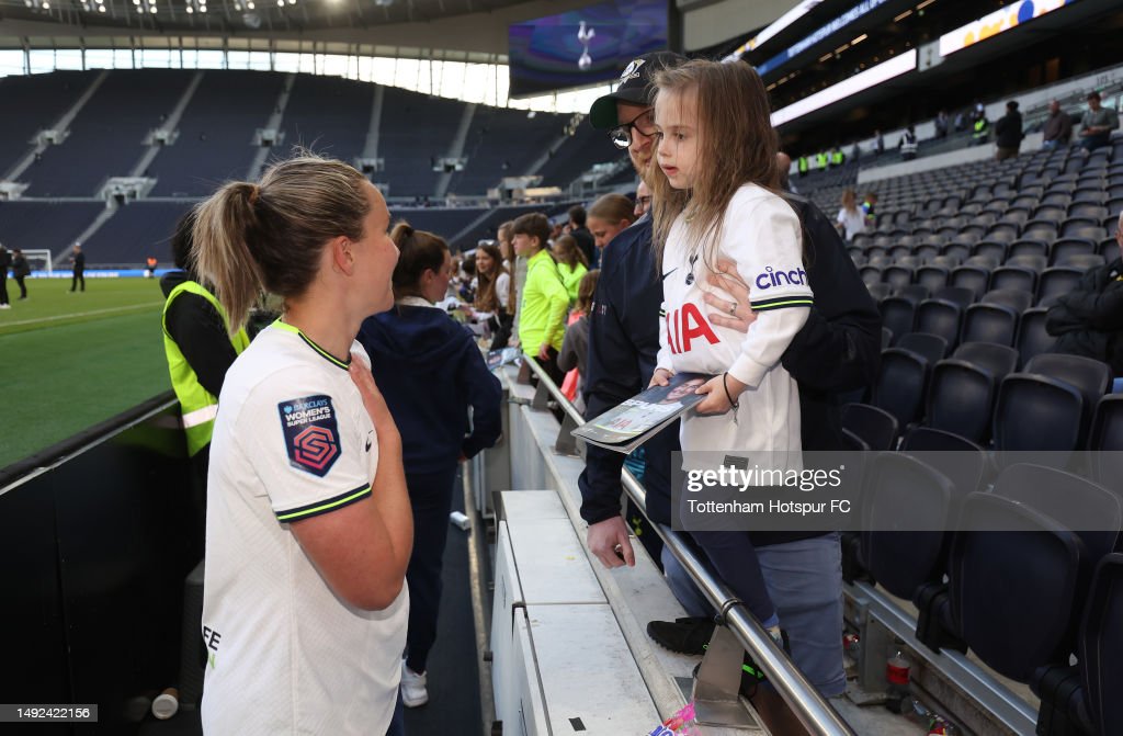 LONDON, ENGLAND - MAY 20: Amy Turner of Tottenham Hotspur Women with fans following the FA Women's Super League match between Tottenham Hotspur and Reading at Tottenham Hotspur Stadium on May 20, 2023 in London, England. (Photo by Tottenham Hotspur FC/Tottenham Hotspur FC via Getty Images)