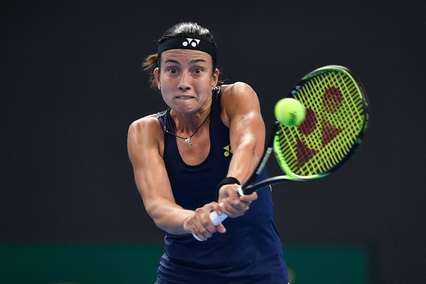 Anastasija Sevastova hits a backhand during her first-round match against Maria Sharapova at the 2017 China Open. | Photo: Etienne Oliveau/Getty Images