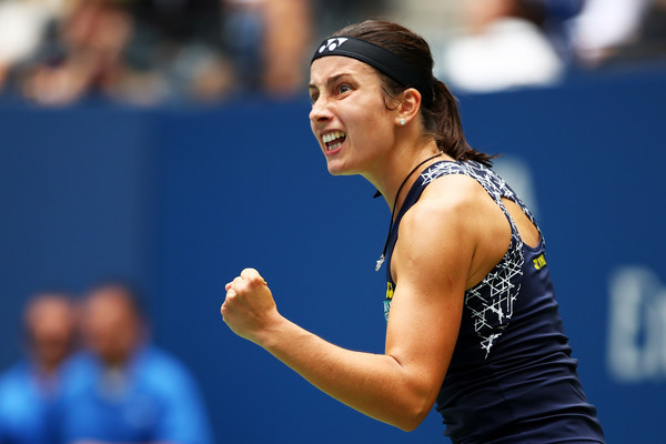 Anastasija Sevastova reacts after winning a point during her fourth-round match against Maria Sharapova at the 2017 U.S. Open. | Photo: Clive Brunskill/Getty Images