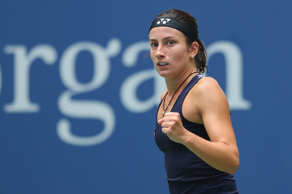 Anastasija Sevastova reacts after winning a point during her fourth-round match against Maria Sharapova at the 2017 U.S. Open. | Photo: Richard Heathcote/Getty Images