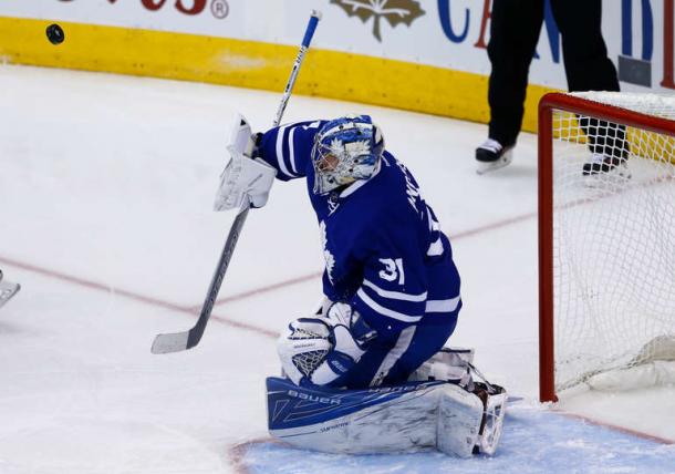 Frederik Andersen makes a save. Photo: Kevin Sousa/Getty Images