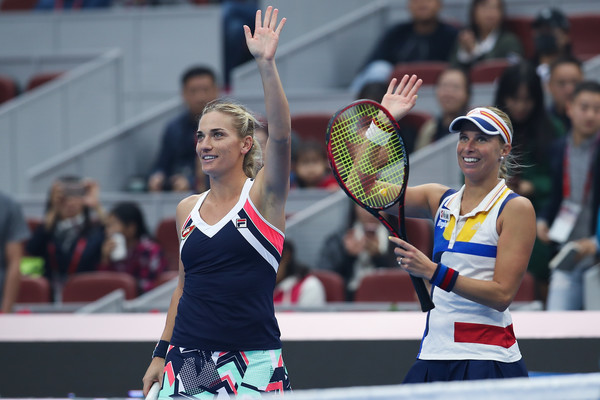 Babos and Hlavackova celebrate their excellent win over Makarova and Vesnina in Beijing | Photo: Lintao Zhang/Getty Images AsiaPac