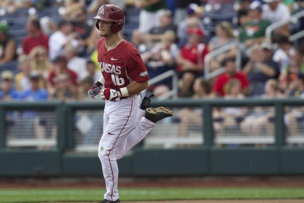 Andrew Benintendi during his time with the University of Arkansas | Bruce Thorson - USA TODAY Sports