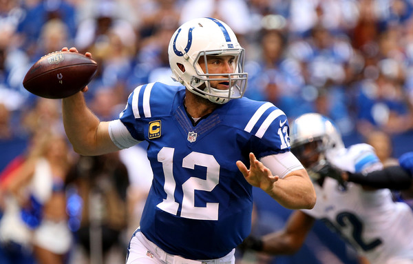 Indianapolis Colts quarterback Andrew Luck (#12) passed for 384 yards and four touchdowns versus Detroit Lions in week 1.  Photo:  Getty Images