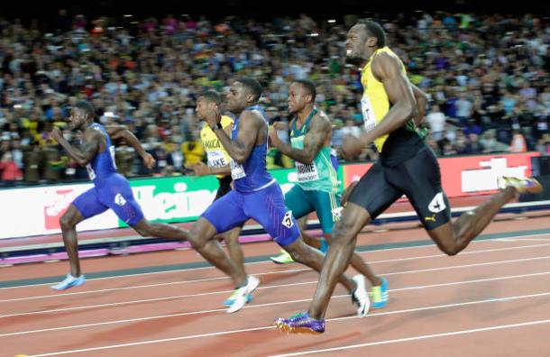 The final stages of the race, with Gatlin just edging past Coleman and Bolt (Getty/Andy Lyons)