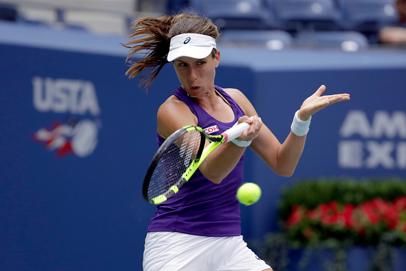 Johanna Konta hits a forehand during the match (Getty/Andy Lyons)