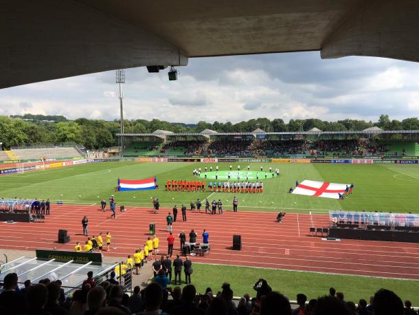 The two teams line-up for the national anthems | Photo: Danial Thacket/UEFA/Twitter