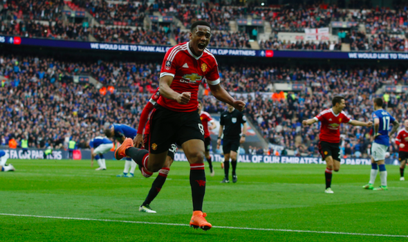 Martial celebrates his winner in the FA Cup semi-final against Everton | Photo: Getty