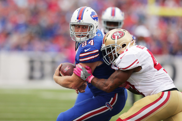 Antoine Bethea (41) of the 49ers tackles Nick O'Leary (84) of the Bills at New Era Field October 16, 2016 |Source:Brett Carlsen/Getty Images North America|