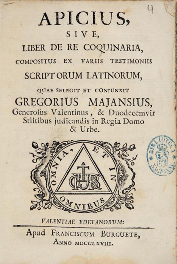 Portada del libro de recetas romanas De Re coquinaria fechado en 1768