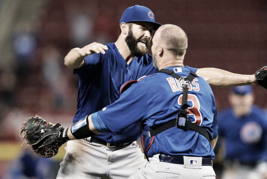 Jake Arrieta celebrates with David Ross after throwing his second career no-hitter on Saturday April 23, 206 (AP)