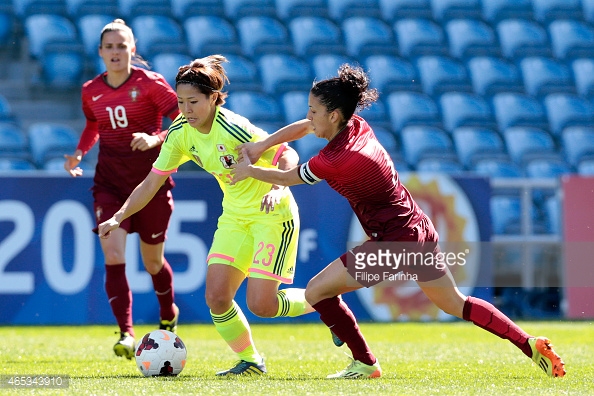 Claudia neto, pictured here ina  game last year against Japan, scored a hat-trick against Finland to keep her Portugal side in contention for the last qualifying places