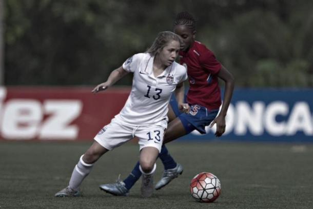 Ashley Sanchez as she makes a turn with the ball for the US. Source: US Socce