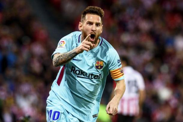 L'esultanza di Messi dopo la rete al Bilbao: sono 12 in 10 partite in Liga 
