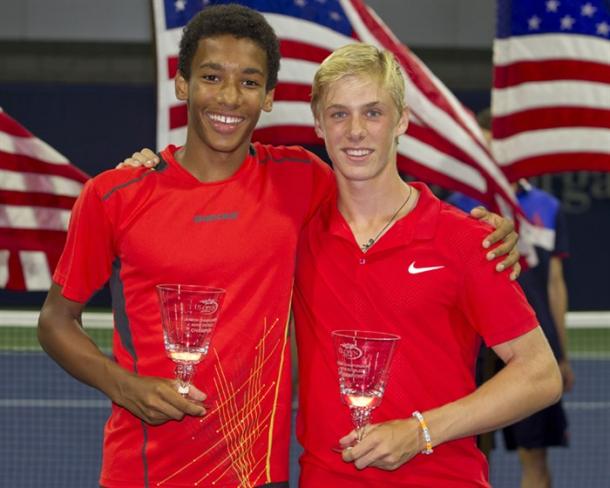 Auger-Aliassime (left) with Denis Shapovalov at the 2015 US Open. Photo: ITF