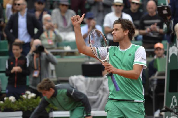 Dominic Thiem celebrates after his impressive quarterfinal victory over Novak Djokovic (Getty/Aurelien Meunier)