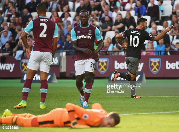 Austin celebrating his goal on Sunday.