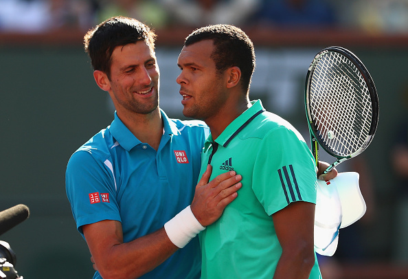 Novak Djokovic  is congratulated by Jo-Wilfried Tsonga after his straight sets win (Photo:Julian Finney/Getty Images) 