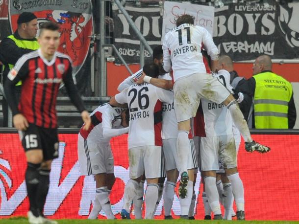Leverkusen celebrate their would-be winner. (Image credit: kicker - Getty Images)