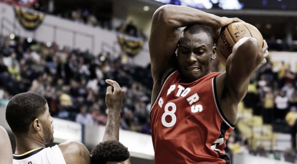 Bismack Biyombo faces off against the Indiana Pacers. (Michael Conroy/AP)